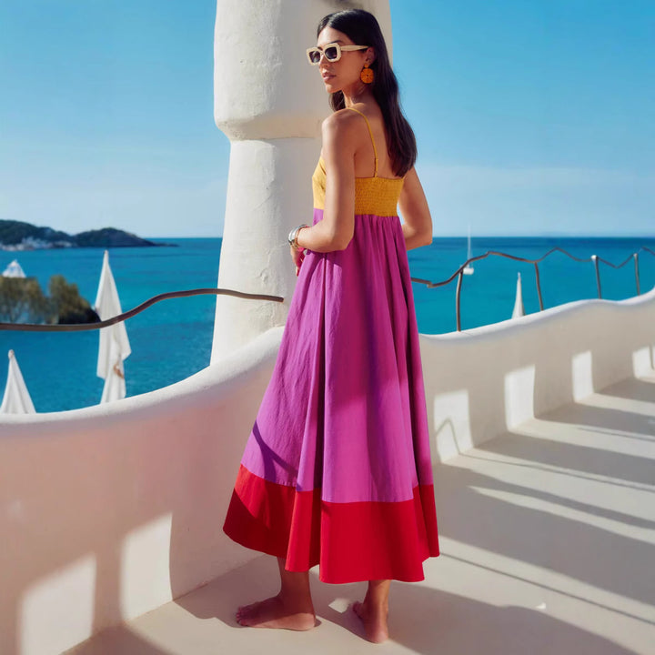 Women's Maxi Dress with Colorful Block Design and Adjustable Spaghetti Straps