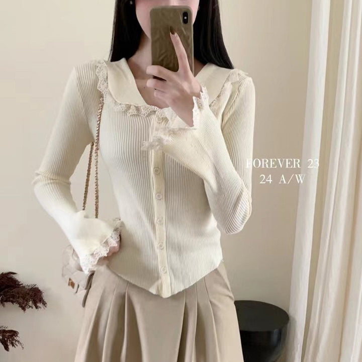 Women's Long Sleeve Ribbed Top with Lace Details