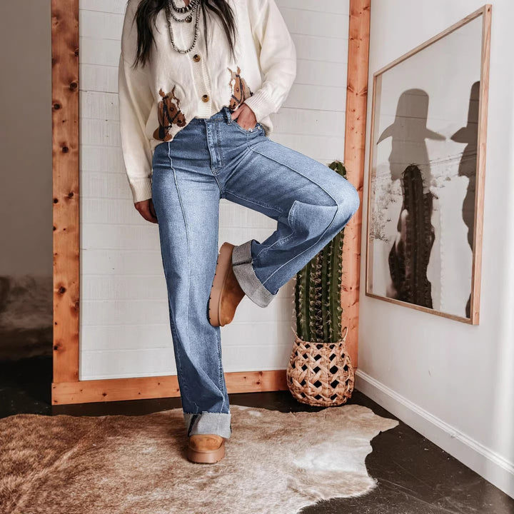 Women wide High-Waist jeans with unique contrast seams and casual look Lisslune