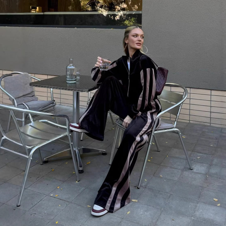 Women's sporty velour tracksuit with contrasting color stripes Lisslune