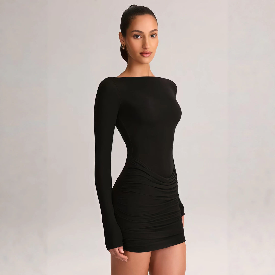 Women's figure-flattering mini dress with off-the-shoulder design and elegant draping