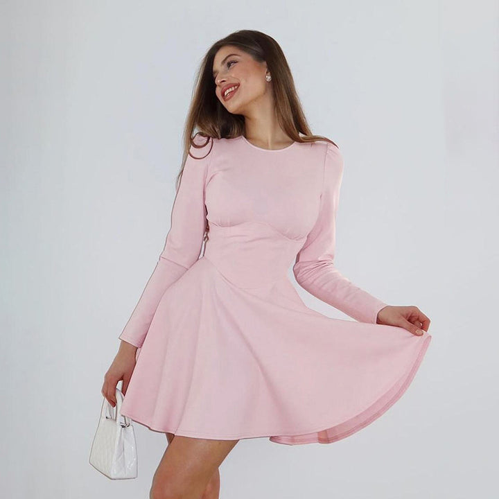 Ladies elegant mini dress in classic A-line cut with long sleeves and chic heart neckline