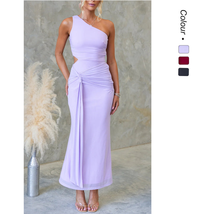 Women Elegant Evening Dress with Asymmetrical Neckline and Ruching Lune London