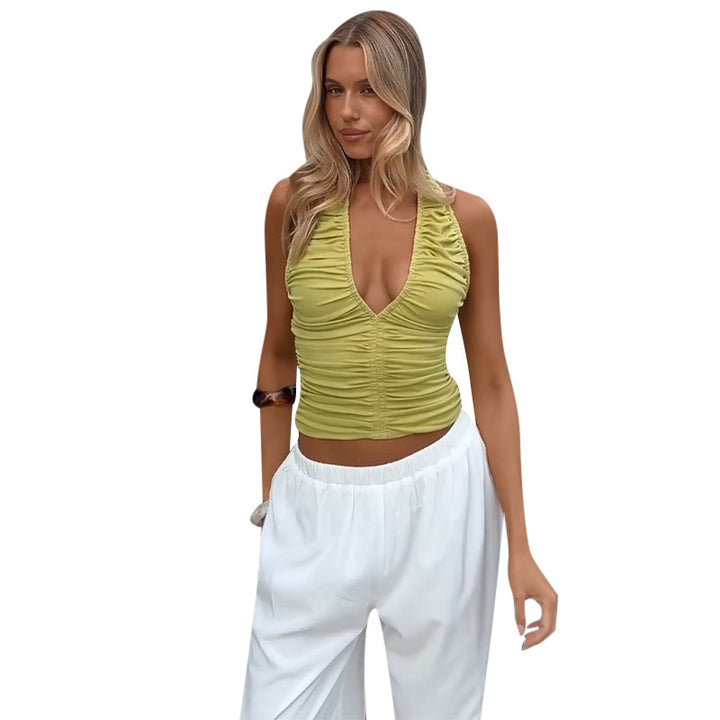 Women's Elegant Padded Top with Deep V-Neck and Ruffles