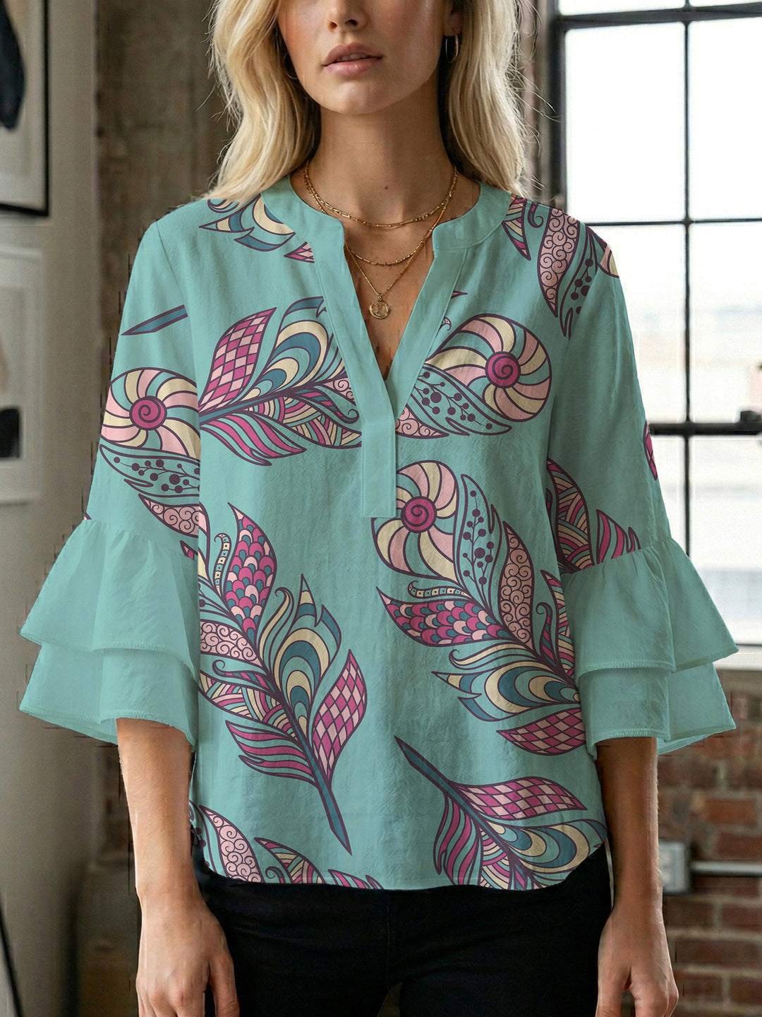 Women's blouse with voluminous ruffle sleeves and creative floral design Lisslune