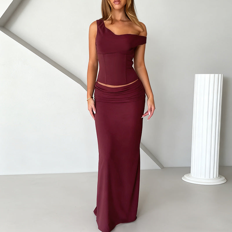 Women's maxi dress with off-the-shoulder design and elegant ruffle detail Lune London