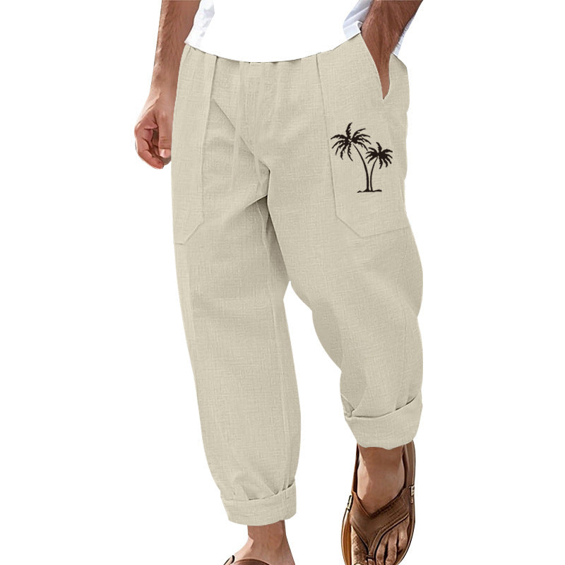 Men's airy linen cargo pants with practical pockets and palm embroidery Lisslune