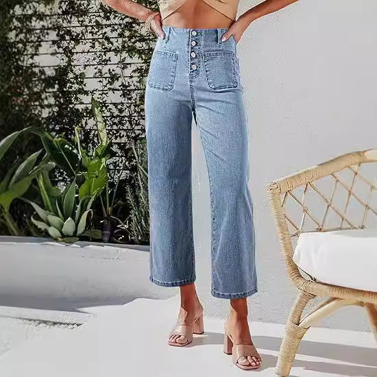 Women's High-Waist Jeans with Button Detail and Wide Leg Lisslune