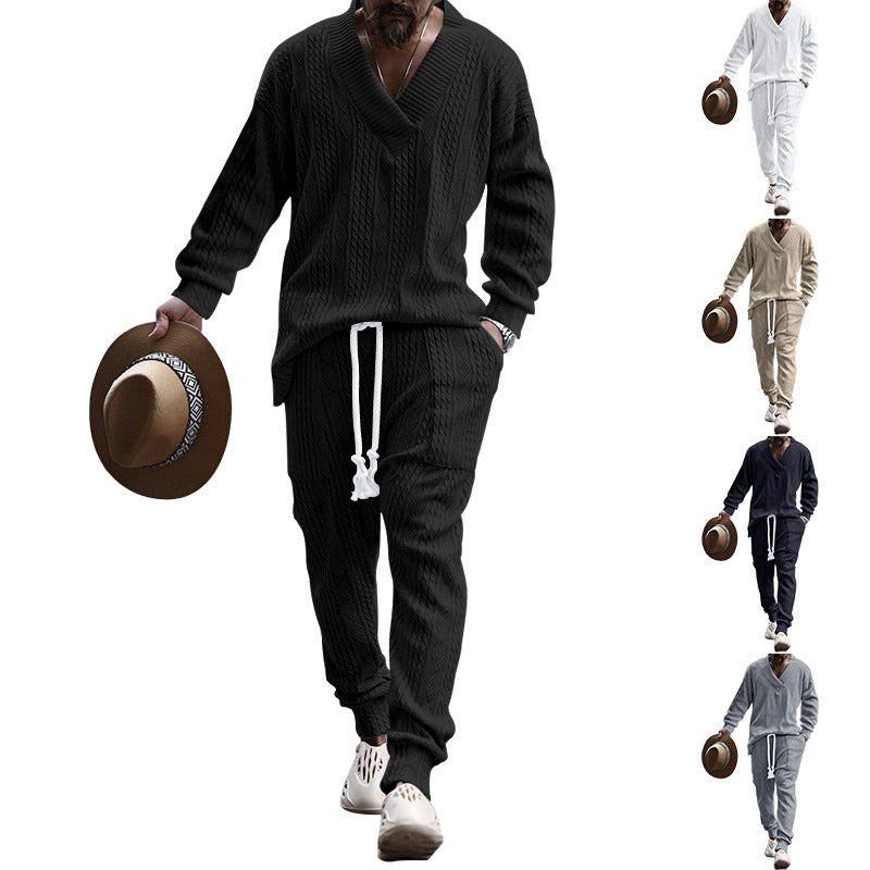 Men's casual knit outfit with V-neck and elastic waistband Lisslune