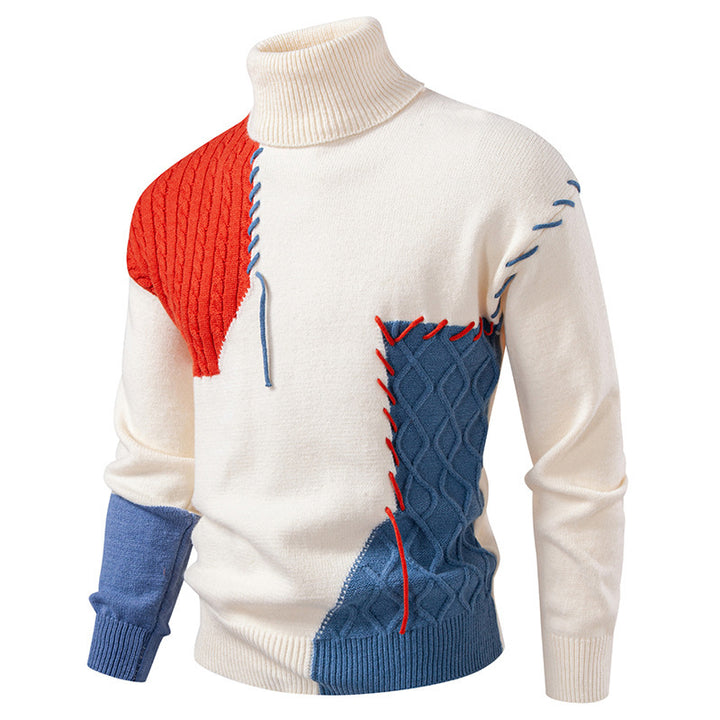 Men's turtleneck sweater with geometric cable pattern and contrasting accents Lisslune