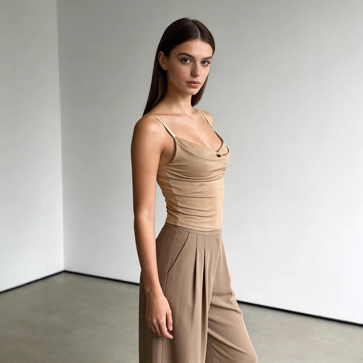 Damen Trendy Drapiertes Oberteil mit feiner Goldapplikation Lisslune