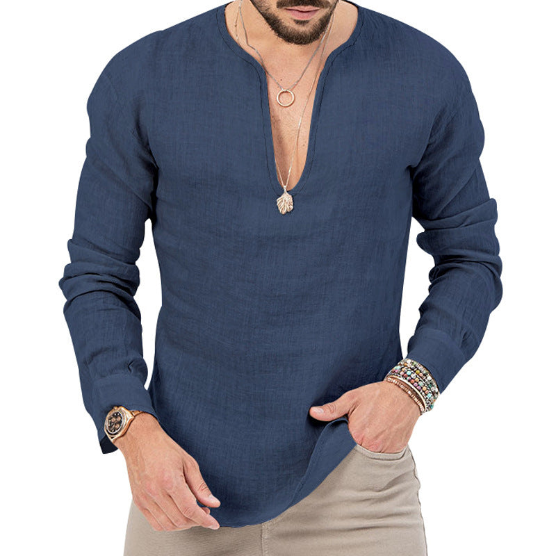 Men's linen shirt with deep V-neck and stylish cut Lisslune