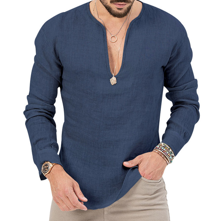 Men's linen shirt with deep V-neck and stylish cut Lisslune