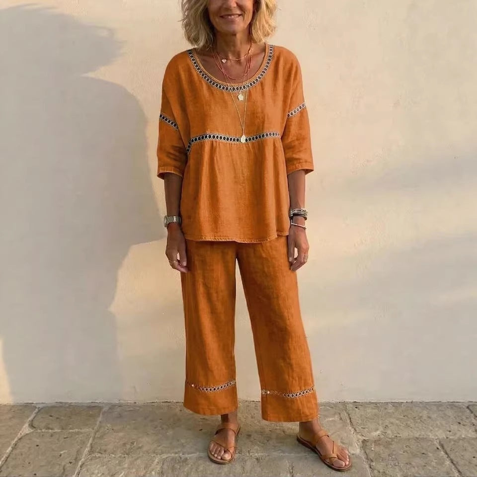 Women's Complete Loungewear Set Made of Linen with Airy Fit and Lace Details Lisslune