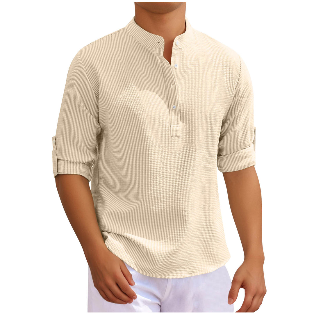 Men's casual long sleeve shirt with button placket and rollable sleeves Lisslune