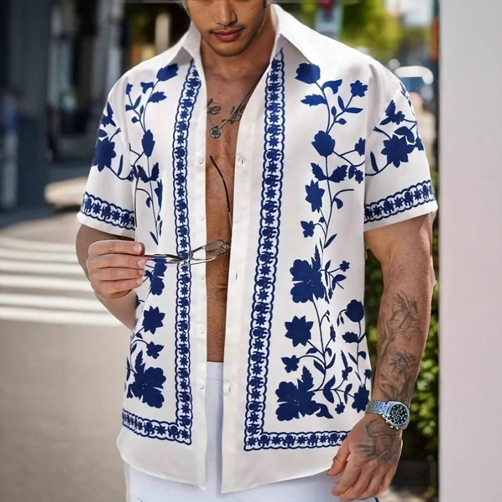 Men's casual shirt with floral embroidery design and short-sleeve fit Lisslune