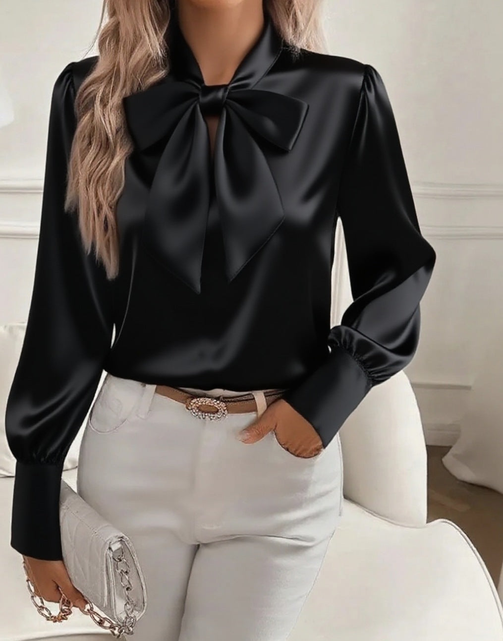 Damen elegante Satinbluse mit Schleifenkragen und Puffärmeln Lisslune