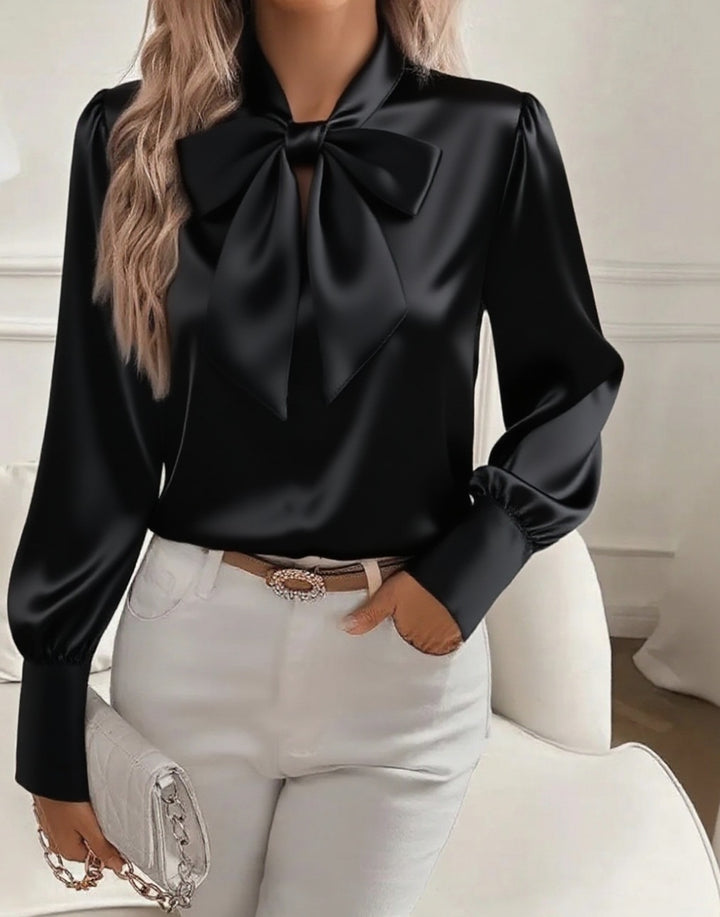 Damen elegante Satinbluse mit Schleifenkragen und Puffärmeln Lisslune
