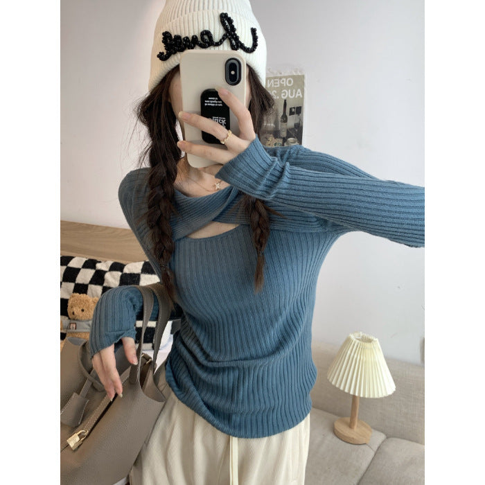Women's long sleeve shirt with open shoulder area and rib knit pattern Lisslune
