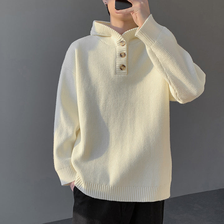 Men's knitted pullover with button placket and hood Lisslune