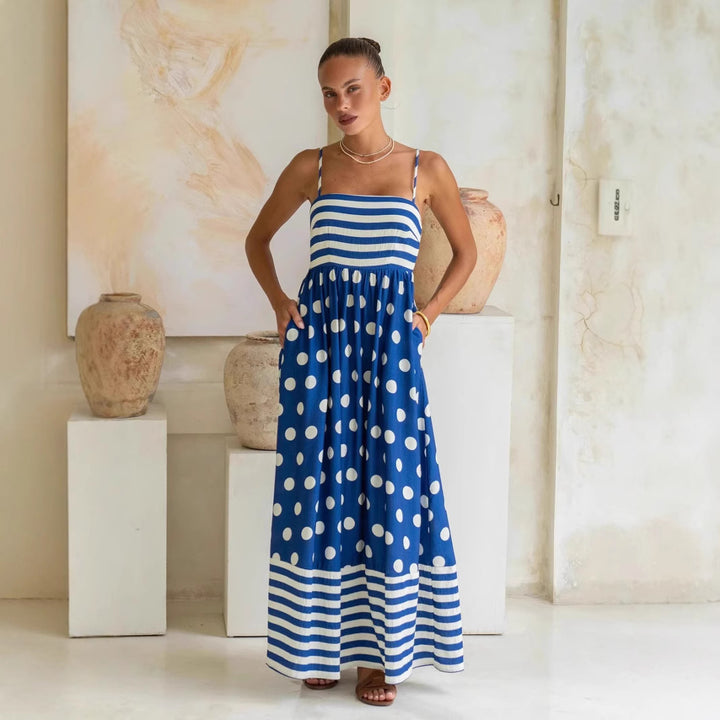 Women's maxi dress with gathered bodice and playful polka dot and stripe pattern Lune London