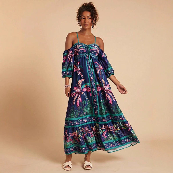 Women's maxi dress with off-shoulder design and tropical print Lune London