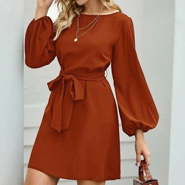 Damen Elegantes Kleid mit Ballonärmeln und Taillengürtel Lisslune