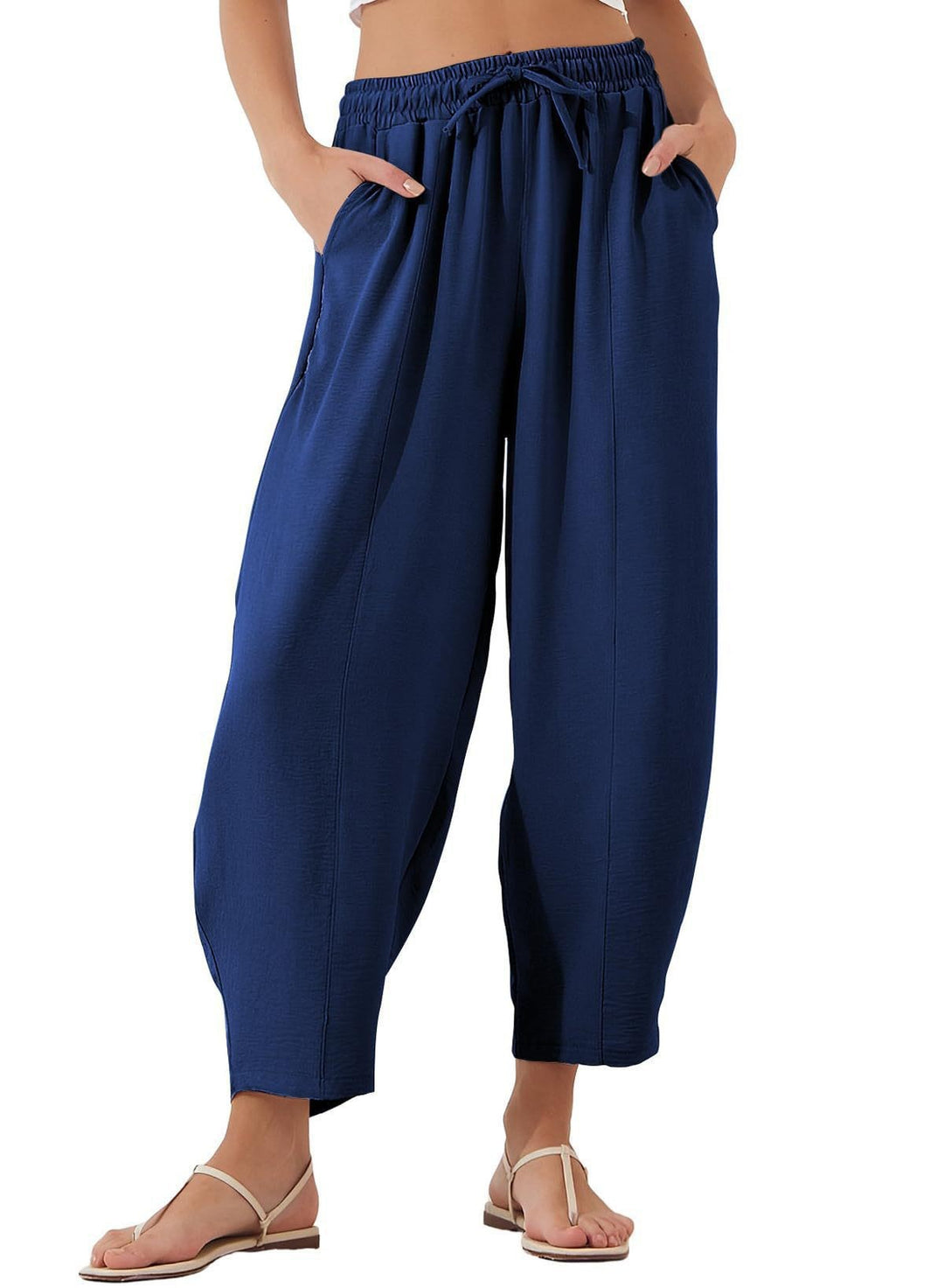 Damen Bequeme, weit geschnittene Sommerhose mit elastischem Bund und seitlichen Taschen Lisslune