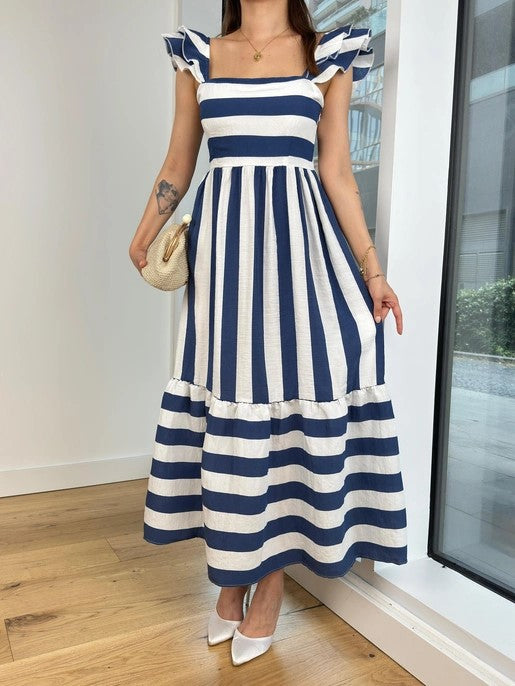 Ladies Maxi Dress with Playful Striped Pattern and Ruffle Details Lune London