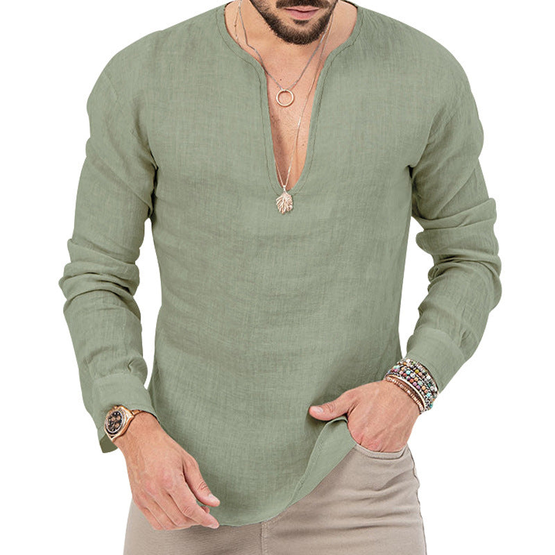 Men's linen shirt with deep V-neck and stylish cut Lisslune