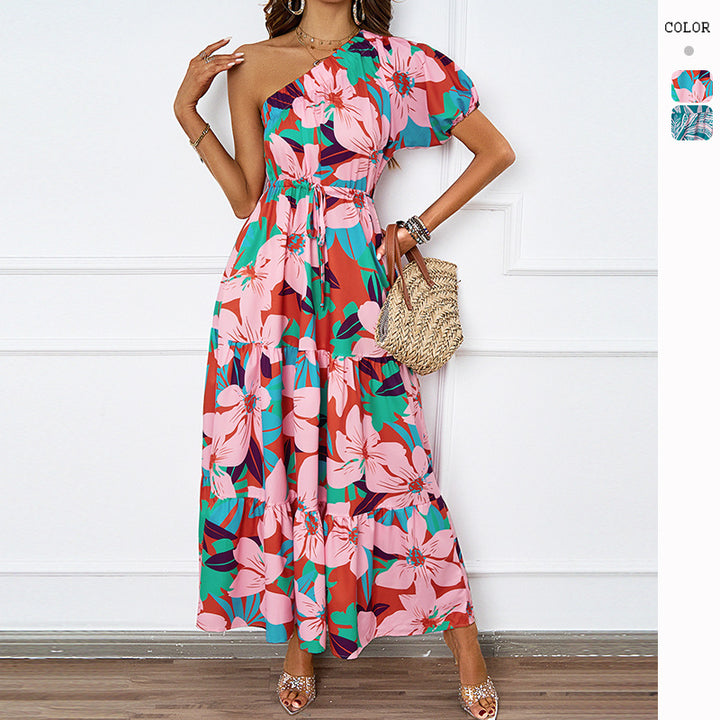 Women's maxi dress in asymmetrical design with floral pattern and wrap belt Lisslune