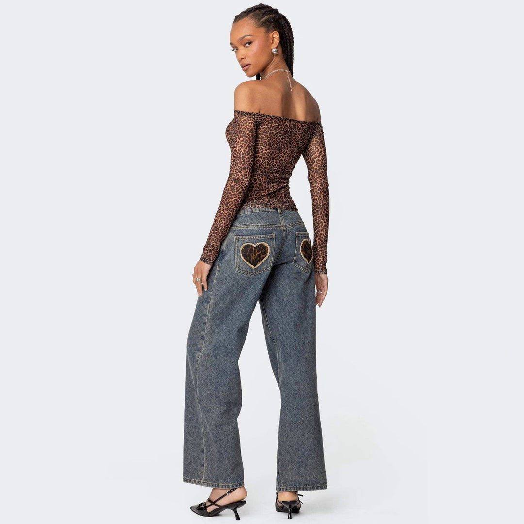 Women's Off-Shoulder Long Sleeve Shirt with Leopard Print Lisslune