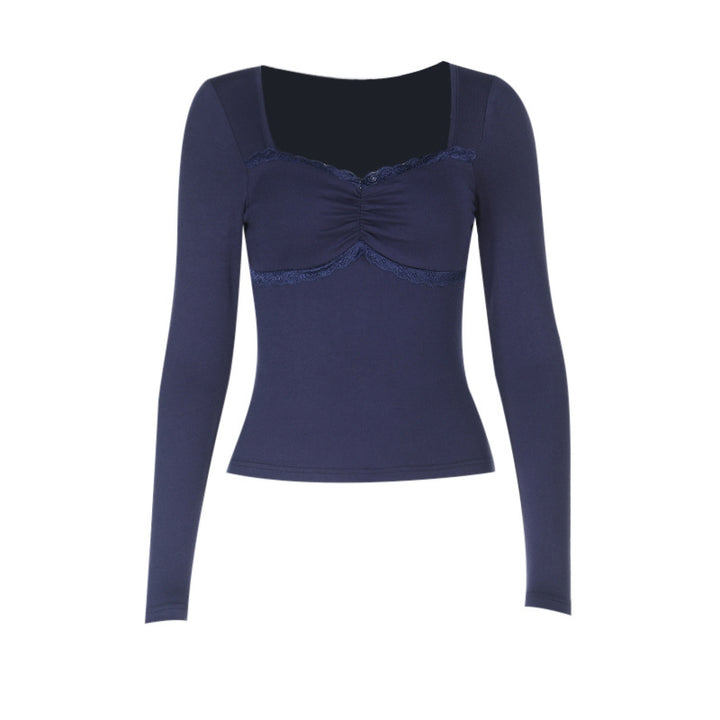 Women’s long sleeve top with decadent lace trim and refined draping detail Lune London