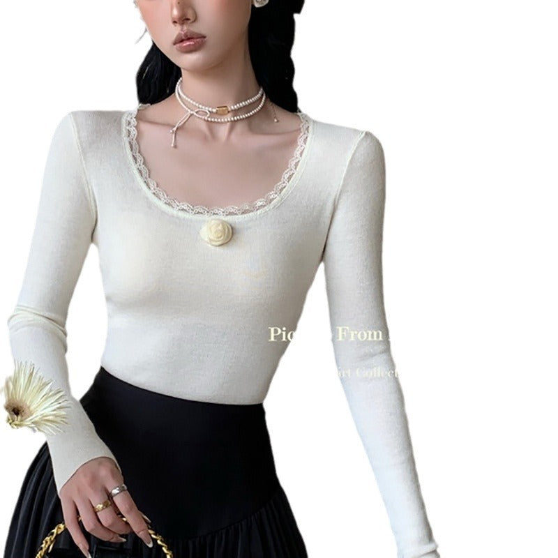 Women's long-sleeve shirt with romantic lace accents and floral details
