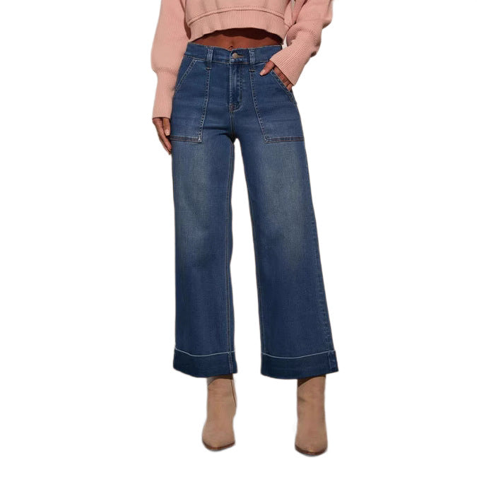 Damen weit geschnittene Denim-Hose mit hohem Bund Lisslune