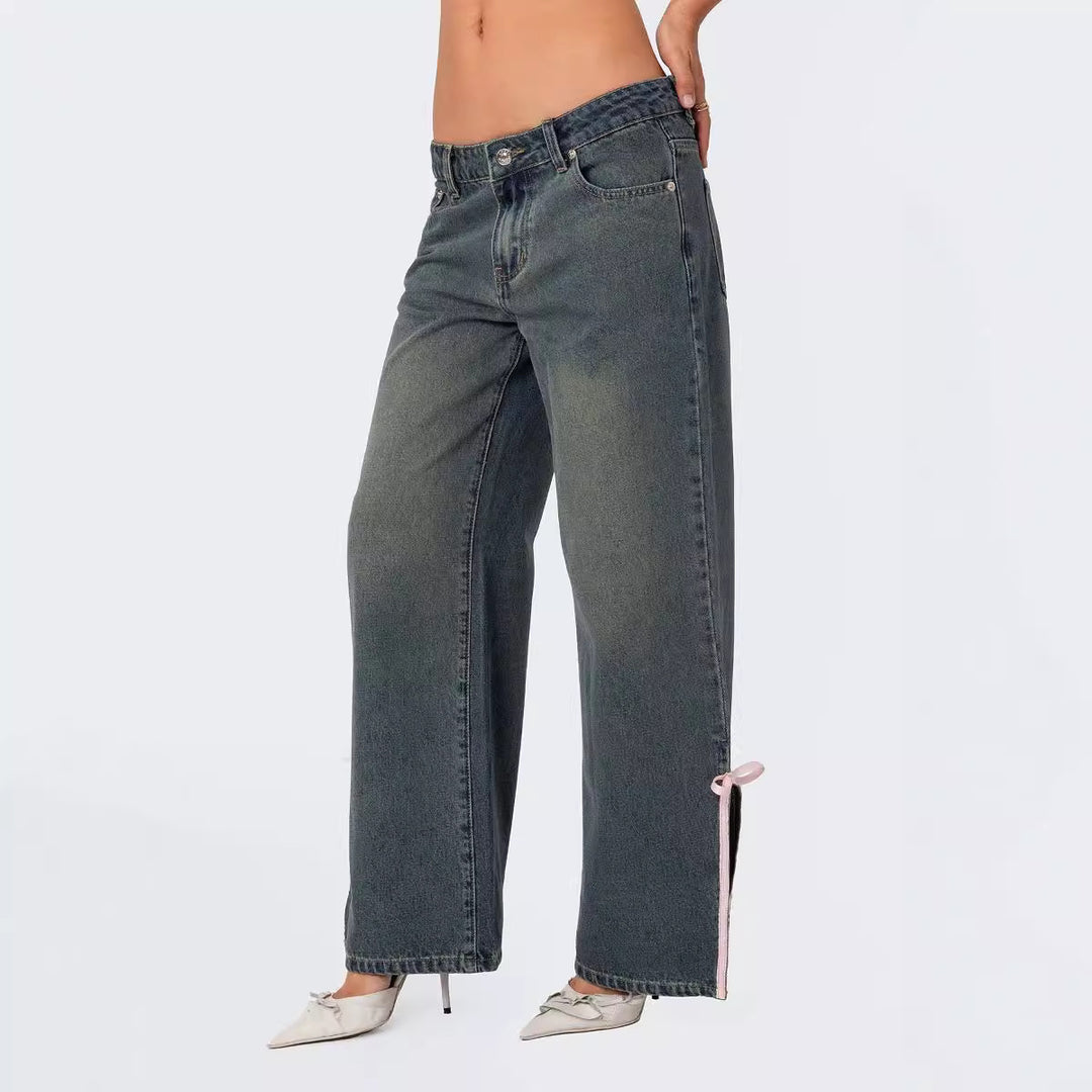 Ladies High Waist Denim Pants with Fashionable Bow Details Lisslune