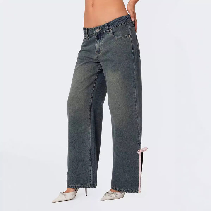 Ladies High Waist Denim Pants with Fashionable Bow Details Lisslune
