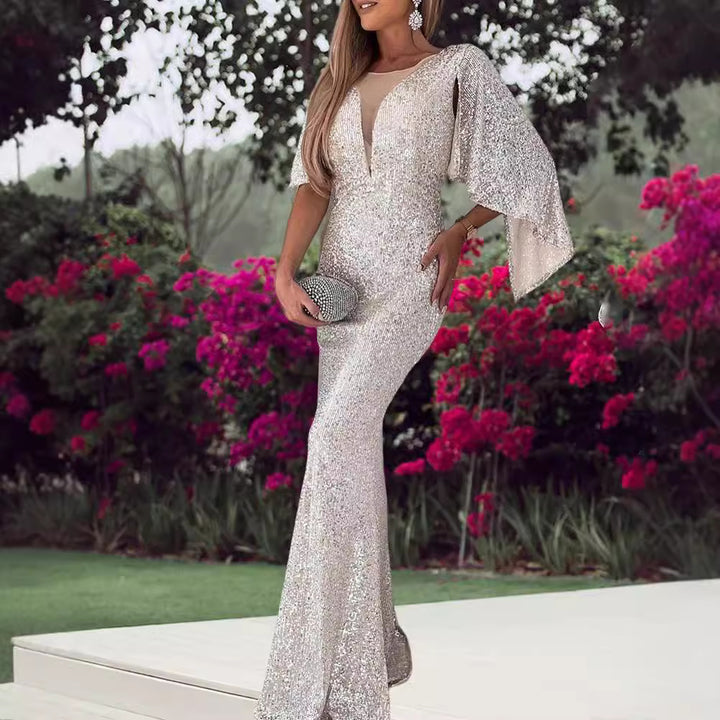 Ladies Sparkling Evening Dress with Deep V-Neck and Wide Sleeves Lisslune