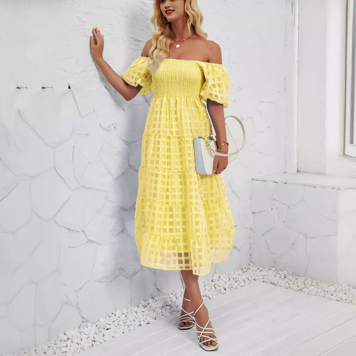 Women’s midi dress with puff sleeves and elastic waist belt Lisslune