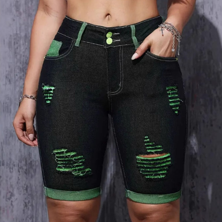 Women's Destroyed Denim Shorts with Eye-catching Accents and High Waist
