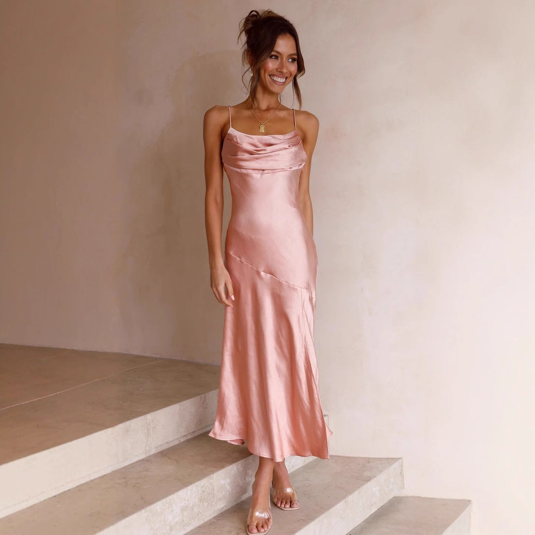 Women's Satin Maxi Dress with Elegant Split and Adjustable Straps Lune London