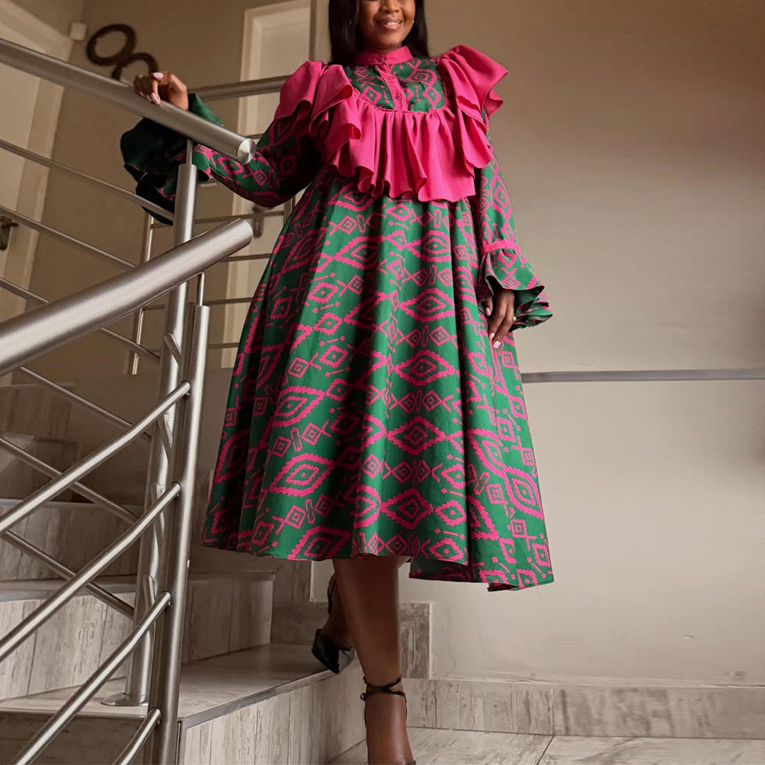 Ladies maxi dress with unusual ruffle design and geometric pattern Lisslune