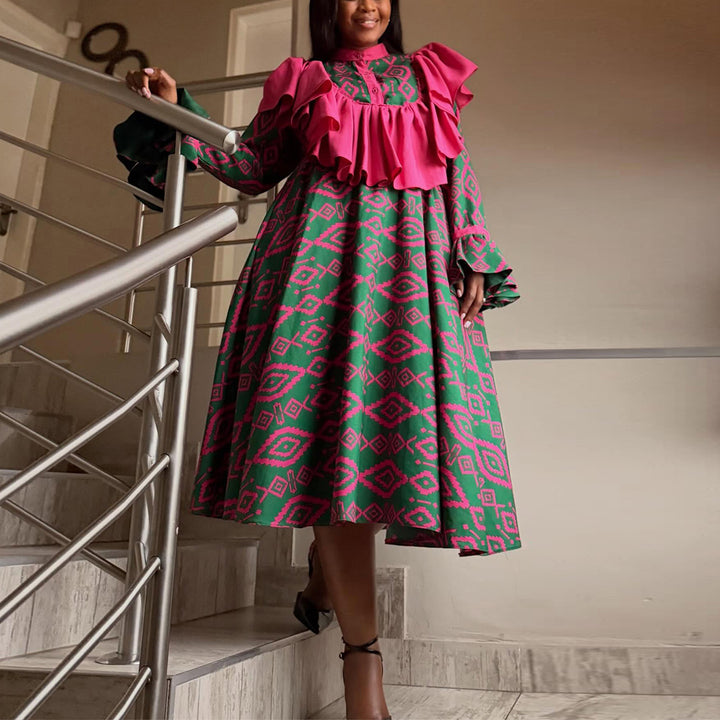 Ladies maxi dress with unusual ruffle design and geometric pattern Lisslune