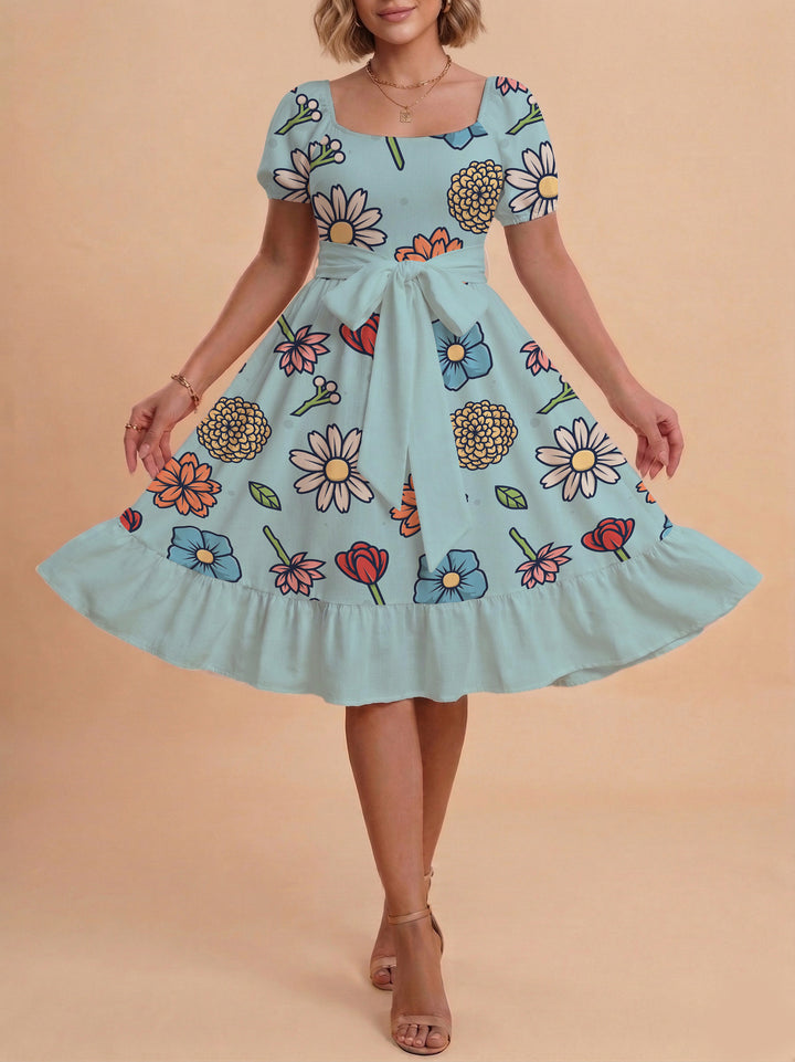 Women's Midi Dress with Elegant Floral Print and Fitted Belt Lisslune