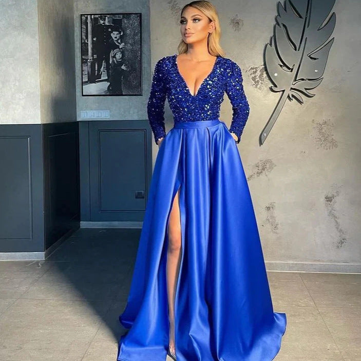 Women's Glamorous Evening Dress with Sparkling Sequins and High Slit Lisslune