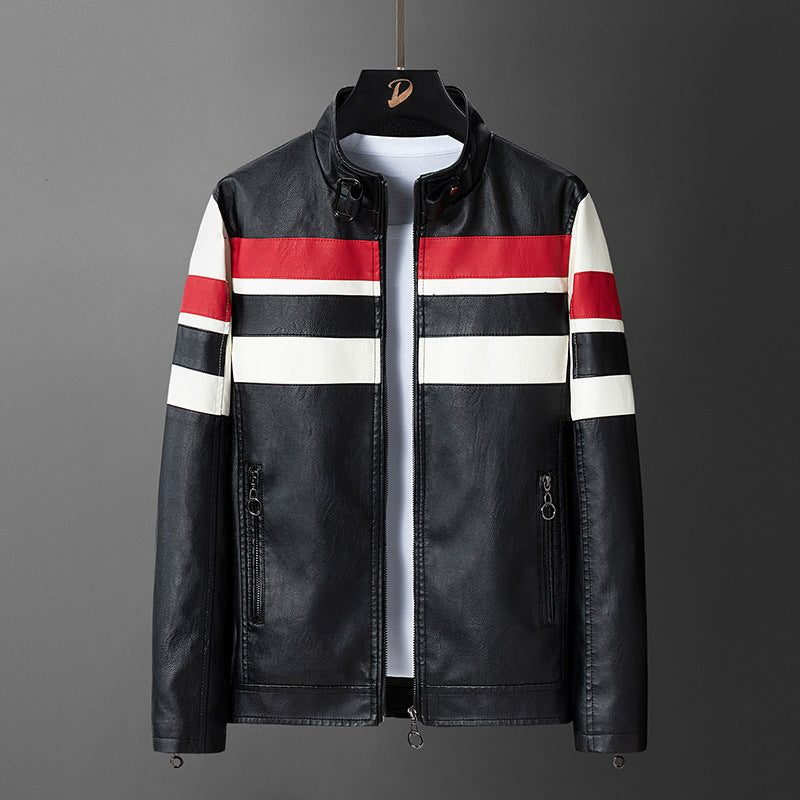 Men's synthetic leather jacket with sporty design and contrasting stripes Lisslune