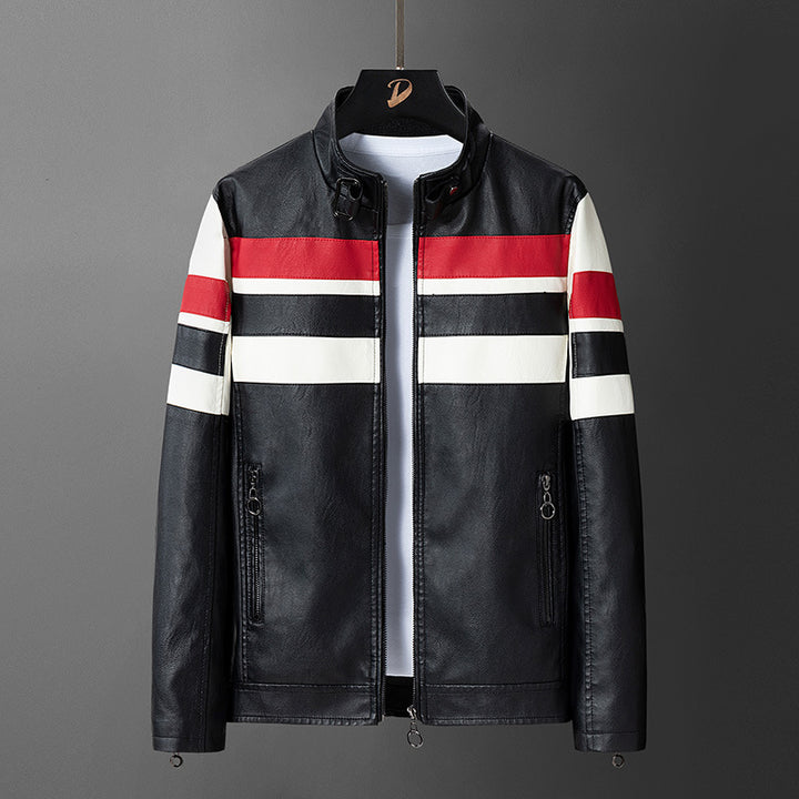 Men's synthetic leather jacket with sporty design and contrasting stripes Lisslune