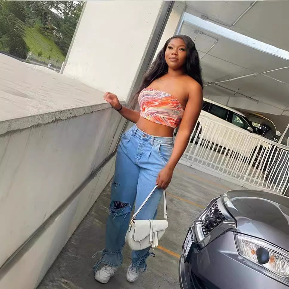 Casual women's mom jeans with trendy destroyed look Lisslune