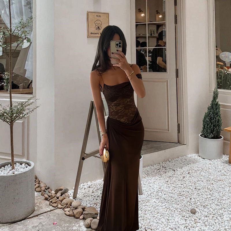Ladies evening dress with off-shoulder lace top and flowing skirt Lisslune