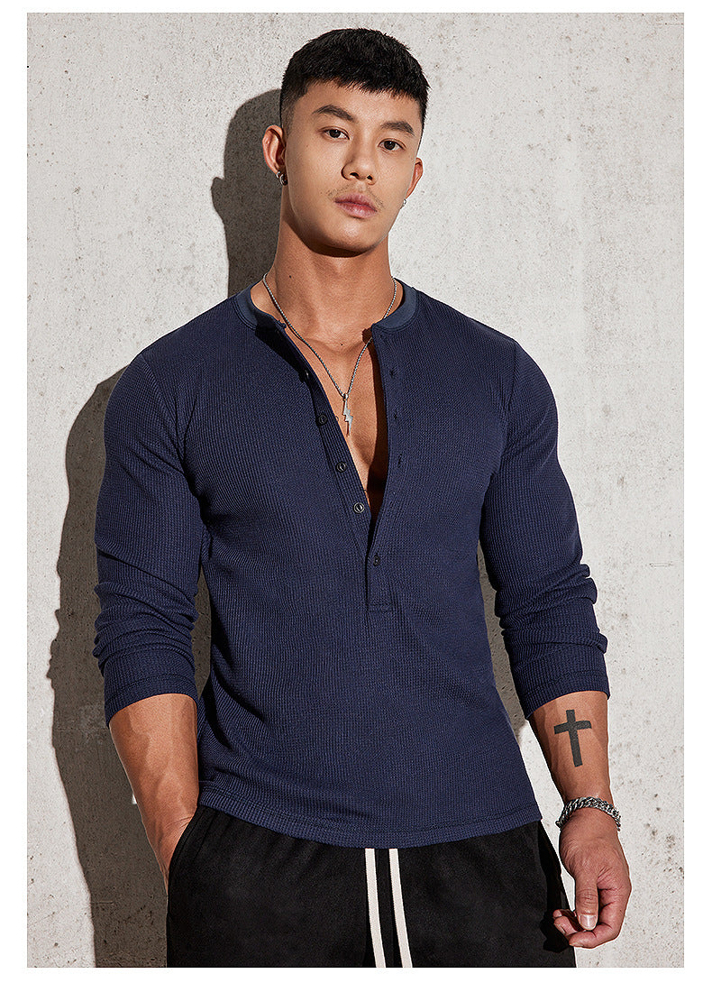 Men's Long Sleeve Henley Shirt with Textured Design Lisslune